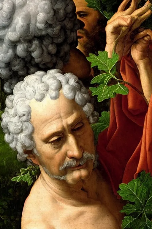 Image similar to renaissance painting of elder in the garden, closeup, short silver hair, a wise face, emotions closeup, dressed in roman armour, the beautiful garden with oak leaves everywhere, ultra detailed, art by Guido Reni style, Vincenzo Catena style