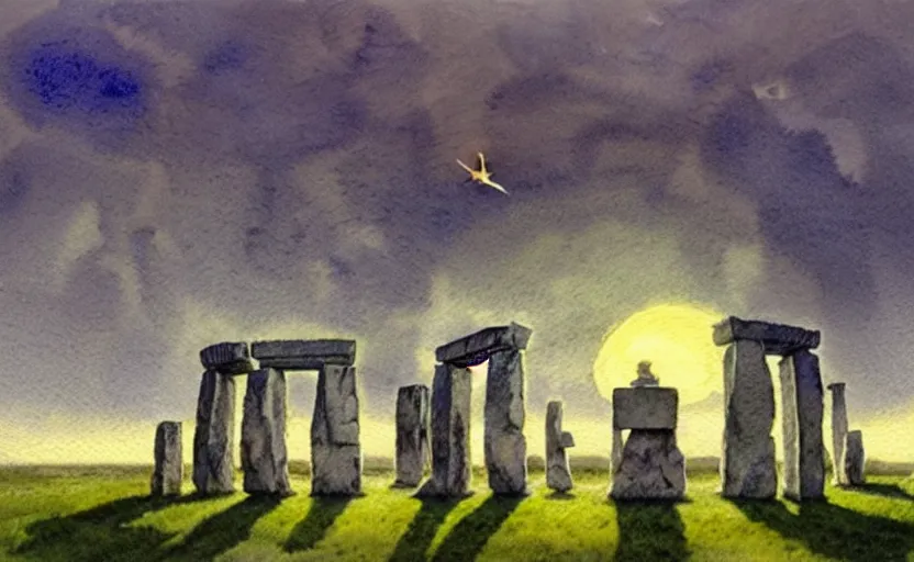 Prompt: a hyperrealist watercolour character concept art portrait of one small grey medieval monk pointing up in the air in front of a floating portal above a complete stonehenge monument on a misty night. a ufo is in the sky. by rebecca guay, michael kaluta, charles vess and jean moebius giraud
