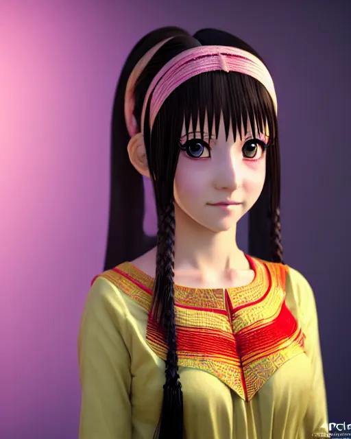 Prompt: render as a very beautiful 3d anime girl, wearing assamese bihu mekhela sador gamosa dress, long braided black hair, hazel eyes, full round face, short smile, assam tea garden setting, cinematic lighting, medium shot, mid-shot, highly detailed, trending on Artstation, Unreal Engine 4k, daz studio genesis iray ultra hd, cinematic wallpaper by Stanley Artgerm Lau, anime masterpiece,