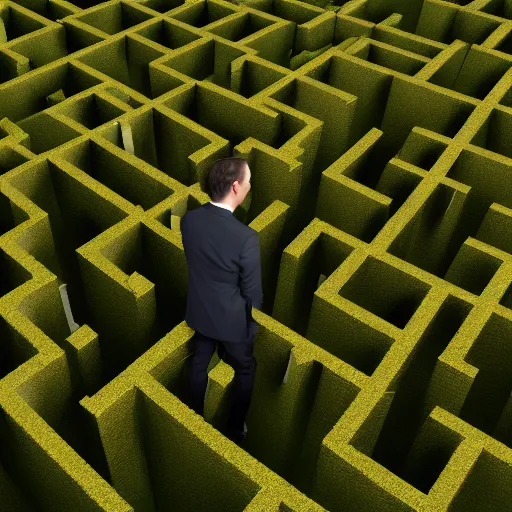 Prompt: highly realistic 3 d rendering of a brunette businessman standing in a maze of cubicles with olive green carpet