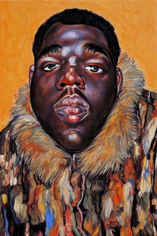 Image similar to a portrait of biggie smalls wearing boho - chic style clothes, with a fur muffler, full body!!, realistic painting in egon schiele style, masterpiece, hyperdetailed, complex, intricate, 4 k, trending on artstation