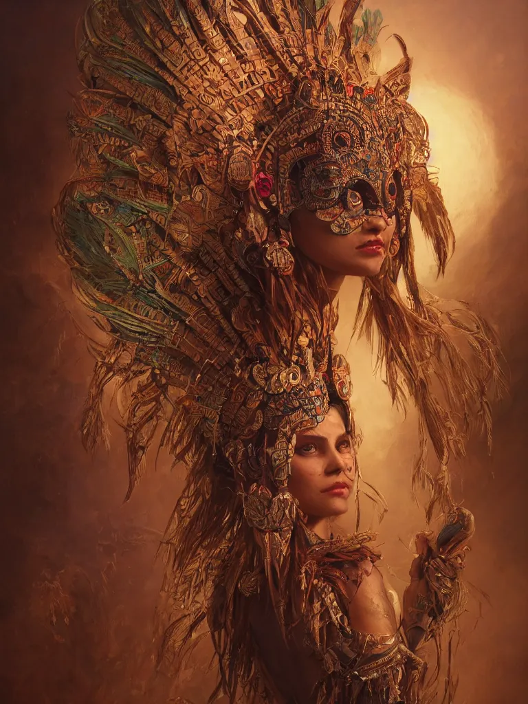 Prompt: a Photorealistic dramatic fantasy render of a beautiful woman wearing a beautiful intricately detailed Aztec Insect shaman mask and costume by WLOP,Artgerm,Greg Rutkowski,Alphonse Mucha, Beautiful dynamic dramatic dark moody lighting,shadows,cinematic atmosphere,Artstation,concept design art,Octane render,8K