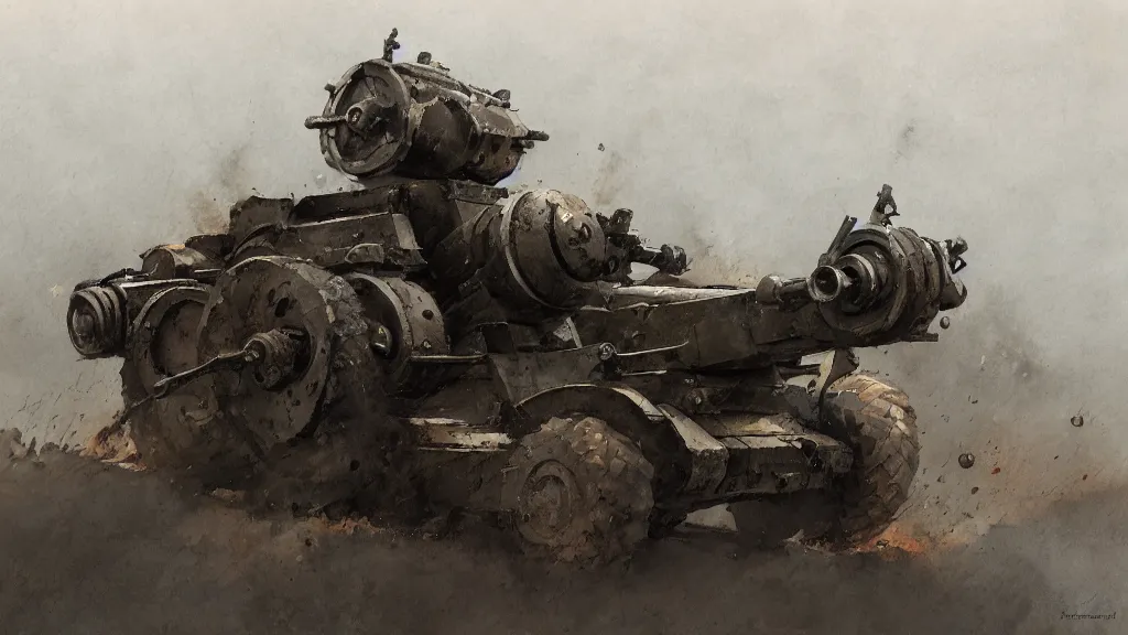 Image similar to closeup of howitzer cannon ww 2, watercolored, jakub rozalski, dark colours, dieselpunk, high quality, artstation