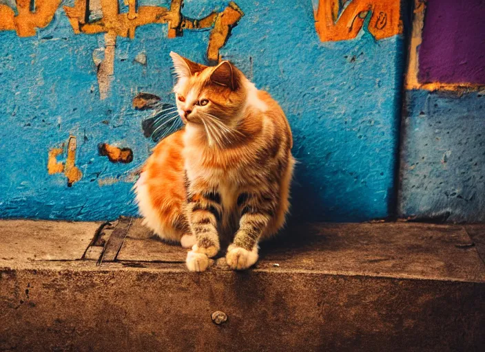 Image similar to photography of a Cat sitting on a box. in a cyberpunk street, award winning photo, saturated, colored, colors, 100mm, sharp, high res