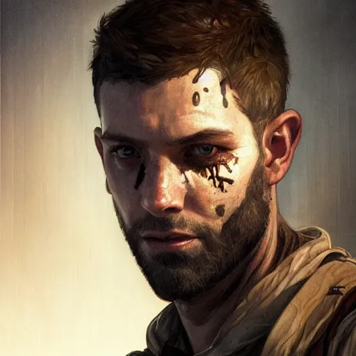 Image similar to Joshy Sly as Aiden Caldwell character from Dying Light 2 Stay Human, western, D&D, fantasy, intricate, elegant, highly detailed, digital painting, artstation, concept art, matte, sharp focus, illustration, art by Artgerm and Greg Rutkowski and Alphonse Mucha