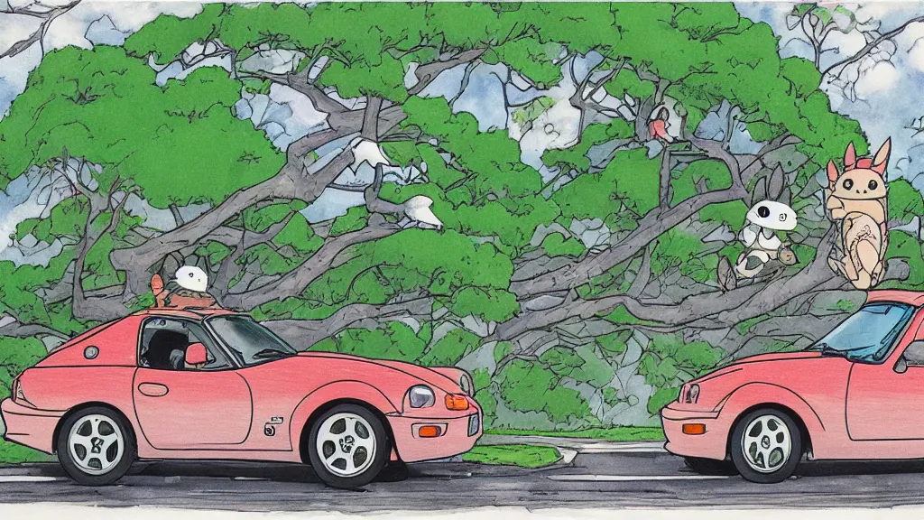 Image similar to 1 9 9 0 mazda miata in the style of my neighbor totoro, anime, detailed lines