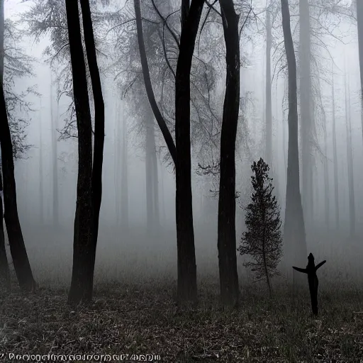 Image similar to Three ominous figures standing amongst a tall skinny tree forest with eerie fog covering the ground. Creepy glowing eyes coming from the fog and a night time setting