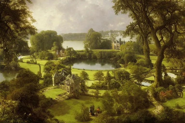 Image similar to aerial view of english stately home, lawns, gardens, lake, woodland, fantasy, carl spitzweg, g liulian, david curtis, christophe vacher, james paick