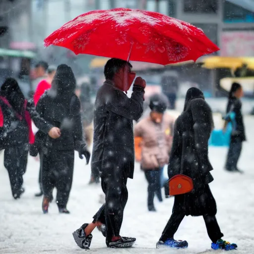 Image similar to photo of people on the snowy Bangkok streets, high details, 70mm