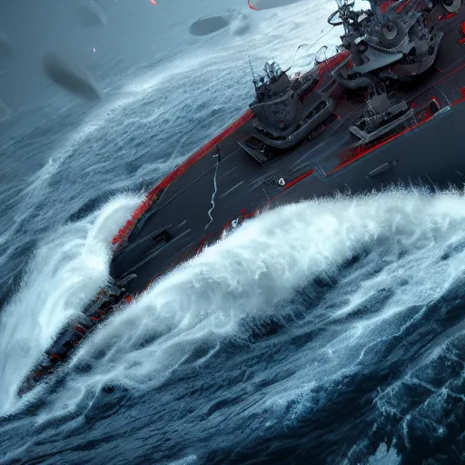 Prompt: huge tentacles are grabbing modern battle ship in heavy waves, hypermaximalistic, high details, cinematic, 8k resolution, beautiful detailed, insanely intricate details, artstation trending, octane render, unreal engine
