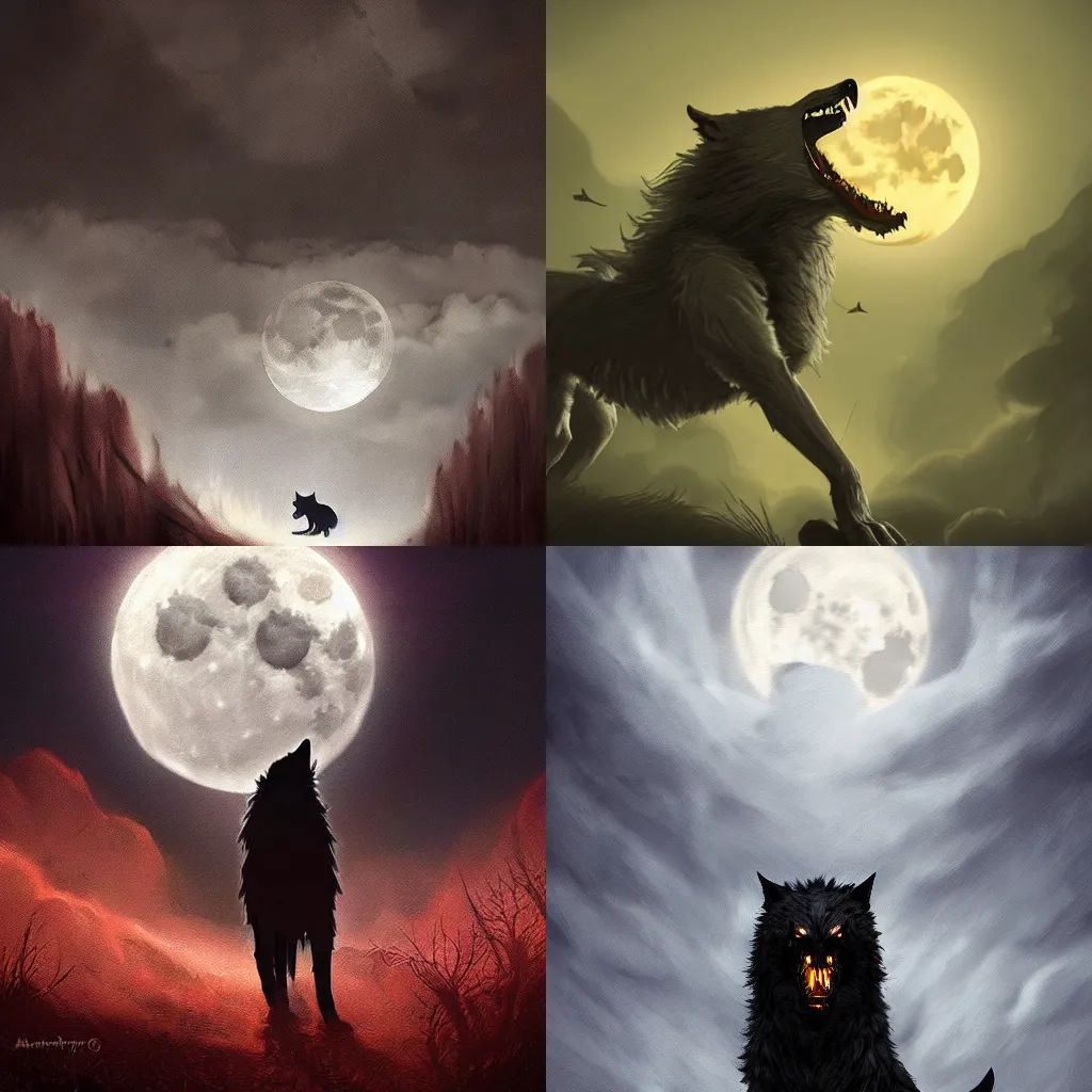 Prompt: Digital painting of a werewolf howling at the moon, atmospheric dramatic lighting and clouds, in the style of dark fantasy book cover art, trending on artstation