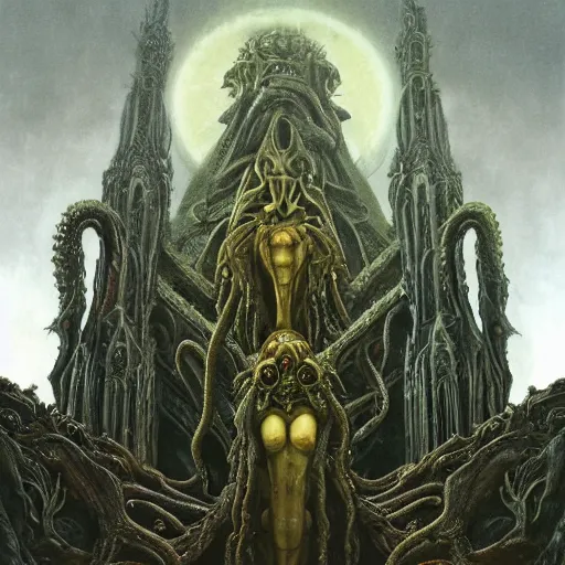 Image similar to monstrous and twisted cathedral with a statue to a many eyed, veiny and four armed cthulhu, slimy tentacles twisting in lotus position. in the style of hr giger and zdzisław beksinski and frank frazetta. golden hour, gloomy. biomechanical oil painting horror gothic hyperrealistic detail