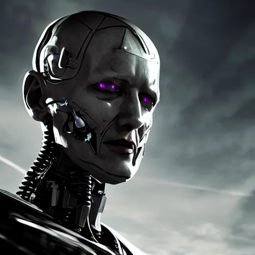 Image similar to movie still of a villain cyborg, facial expression, cinematic composition, cinematic light, by edgar allan poe