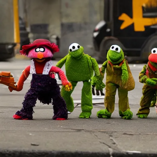 Image similar to muppet puppet special forces in an urban battle field.