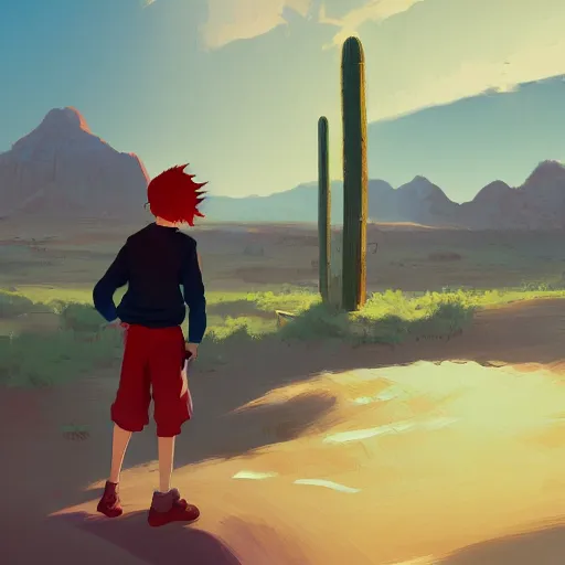 Image similar to red haired teen boy, desert village in the background, suna gakure, digital painting, artstation, highly detailed, by makoto shinkai and thomas kindle and James gilleard