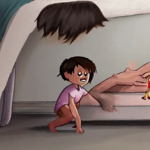 Prompt: a boy finds a small monster under his bed in the style of leo lionni