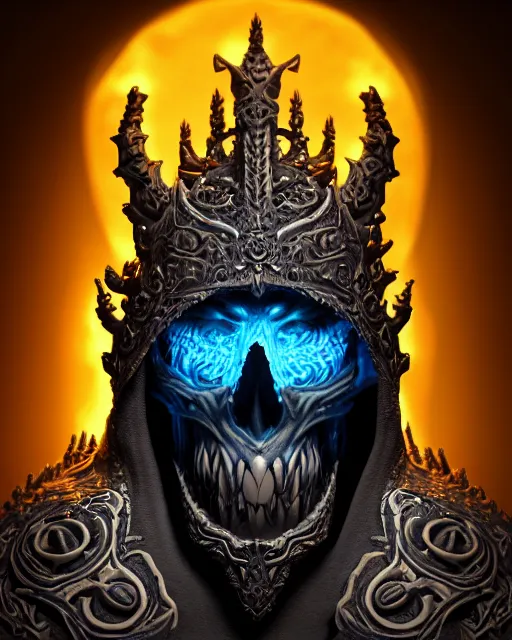 Image similar to 3 d ornate carved lich king with tattoos profile portrait, sigma 5 0 0 mm f / 5. beautiful intricate highly detailed quetzalcoatl skull. bioluminescent, plasma, lava, ice, water, wind, creature, thunderstorm! artwork by tooth wu and wlop and beeple and greg rutkowski, 8 k trending on artstation