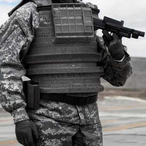 Image similar to Photo of Walter White wearing heavy modern military gear and holding a bulletproof shield, highly detailed, 8k