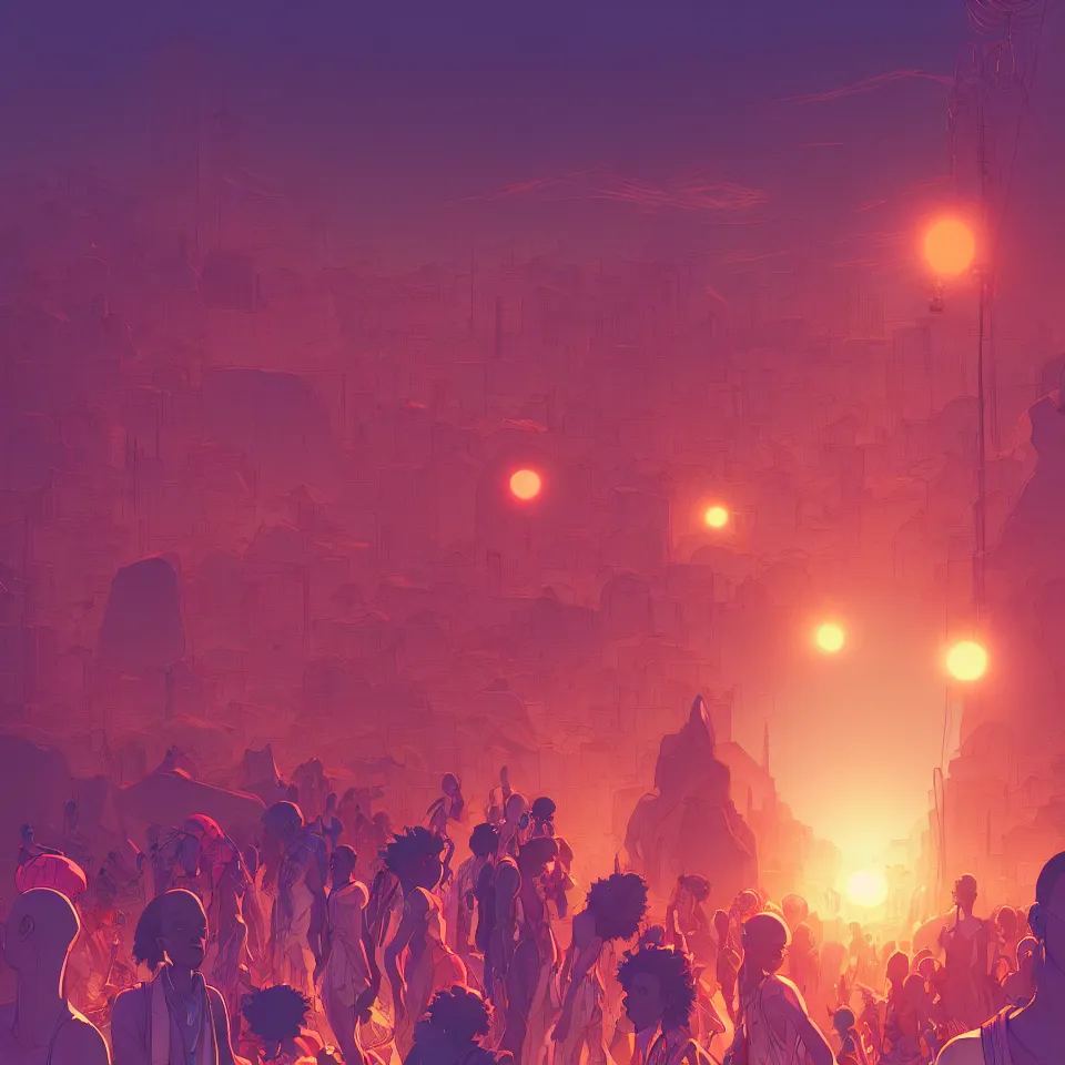 Image similar to a comic book style illustration of an african festival by moebius and makoto shinkai and rossdraws, ornate, lights, cosmic, featured on artstation, pixiv, volumetric lighting, 8 k, highly detailed render, octane render, unreal engine, soft glow, crisp lines, f 1 1, sharp focus,