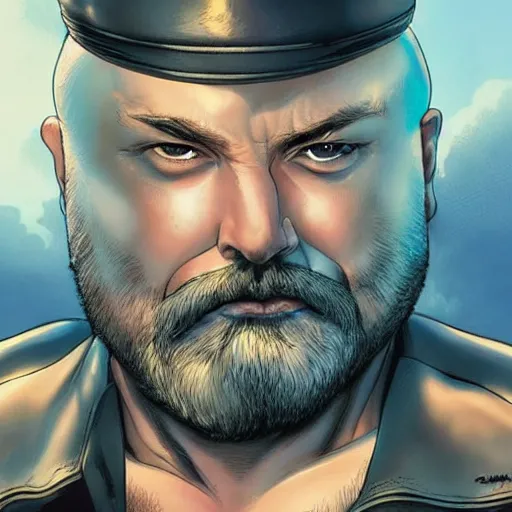Image similar to chonky ethan van sciver with a bald head and grey trimmed beard with a pointy nose as a sea captain, beautiful artwork by artgerm and rutkowski, breathtaking, beautifully lit, dramatic, full view