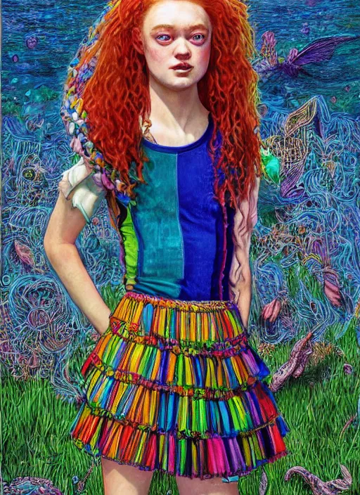 Prompt: surrealism psychedelic full body portrait sketch of sadie sink as delirium of the endless in fishnet top and rainbow tutu skirt from the sandman, floating goldfish, green and blue eye heterochromia by alex ross, josh kirby, detailed, elegant, intricate