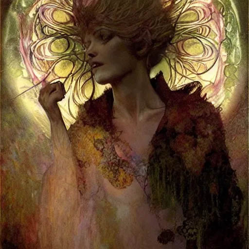 Prompt: whimsically detailed spirit coming out from illuminated hands. Craig mullins. Mucha. Jodorowsky. Dave Mckean. Allan Moore. Magical.