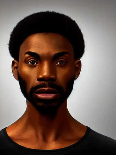 Prompt: portrait of a black man wearing a dark shirt, upper body 2d game avatar, default pose neutral expression, face-on, close-up, eye-contact, Donato Giancola, chiaroscuro lighting, vibrant expressive colours, shape language, Alphonse Mucha/Gustav Klimt style, alpha masked transparent flat grey background, 4k, volumetric lighting, French Nouveau, trending on artstation, octane render, hyperrealistic