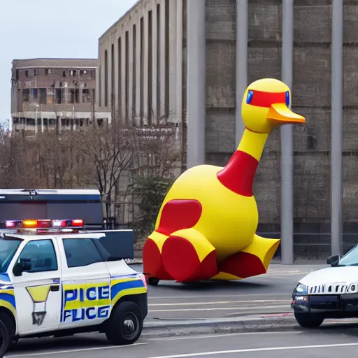 Image similar to giant duck shaped robot surrounded by police cars