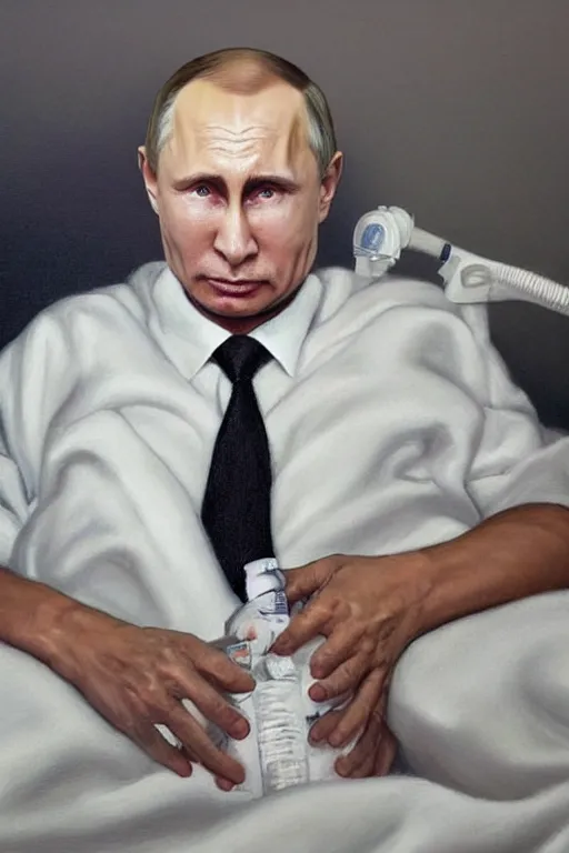 Image similar to a very hyperrealistic oil painting of ill Vladimir Putin as a patient wearing an oxygen mask lying in bed inhaling white clubs of smoke from Copium tank that stand near his bed, visible face, dimly lit cozy tavern, leather tunic, confident relaxed pose, d&d, stunning 3d render inspired art by Tim Okamura and Lise Deharme + perfect facial symmetry + dim volumetric lighting, 8k octane beautifully detailed render, post-processing, extremely hyperdetailed, intricate, epic composition, grim yet sparkling atmosphere, cinematic lighting + masterpiece, trending on artstation, very very detailed, masterpiece, stunning