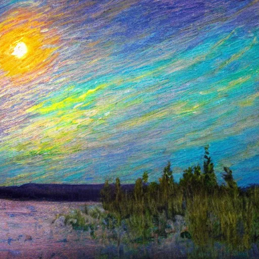 Image similar to midnight shores of the Bruce Peninsula, impressionism