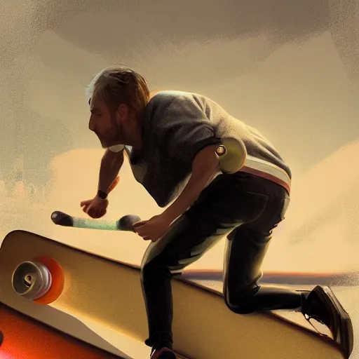 Image similar to a man skateboarding surrounded by inflatables digital painting, artstation, concept art, soft light, hdri, smooth, sharp focus, illustration, intricate, elegant, highly detailed, matte painting, in the style of Greg Rutkowski, 8k, highly detailed