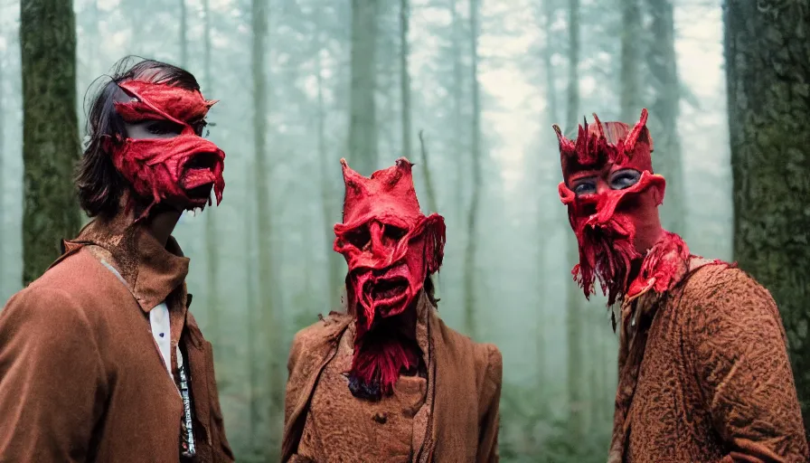 Image similar to high realistic photo portrait of esoteric tribes members with taxidermic flesh bloody jaw mask and elaborate red clothes in a foggy forest, cinestill 800t 35mm, heavy grain, high quality,