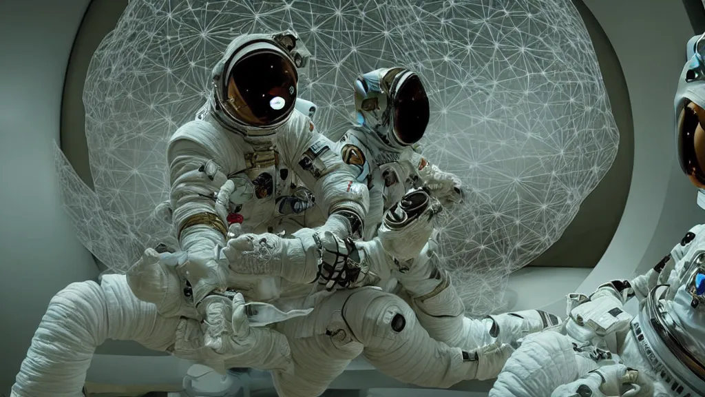 Image similar to a single astronaut eva suit interwoven with diamond 3d fractal lace iridescent bubble 3d skin and covered with insectoid compound eye camera lenses floats through the living room, film still from the movie directed by Denis Villeneuve with art direction by Salvador Dalí, wide lens,