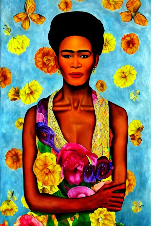 Image similar to Whitney Houston in Frida kahlo painting style