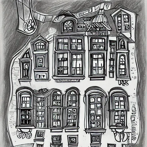 Image similar to a drawing of a house with a lot of windows, concept art by dr seuss, pixiv, maximalism, concept art, official art, maximalist