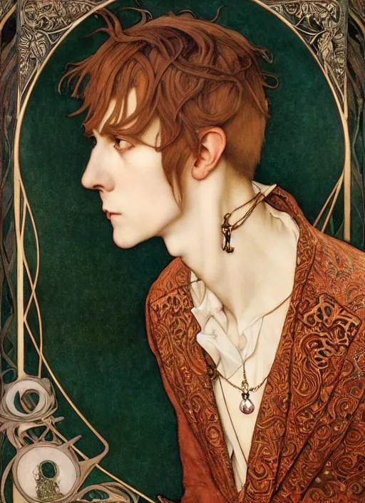 Image similar to edmund dulac, leyendecker, highly detailed portrait, a beautiful androgynous sebastian michaelis, long hair, tall and thin, wearing several pendants, art nouveau, stephen bliss, unreal engine, by greg rutkowski, loish, ferdinand knab, ilya kuvshinov, rossdraws, tom bagshaw, alphonse mucha, global illumination, radiant light