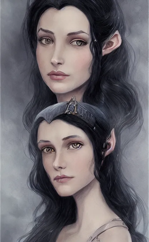 Image similar to luthien, princess of doriath, fairest maiden to have ever lived, stunningly beautiful, black hair, elven, beautiful eyes, portrait, artstation, wonderful lighning