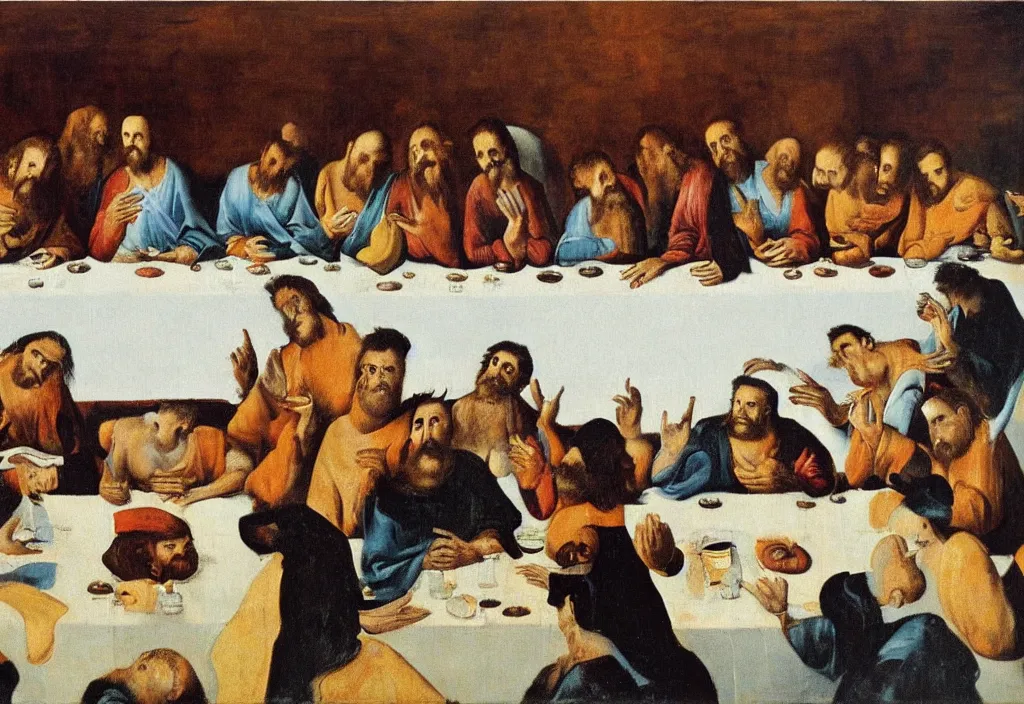 Image similar to last supper painted by francis bacon 8 k, hyperdetailed