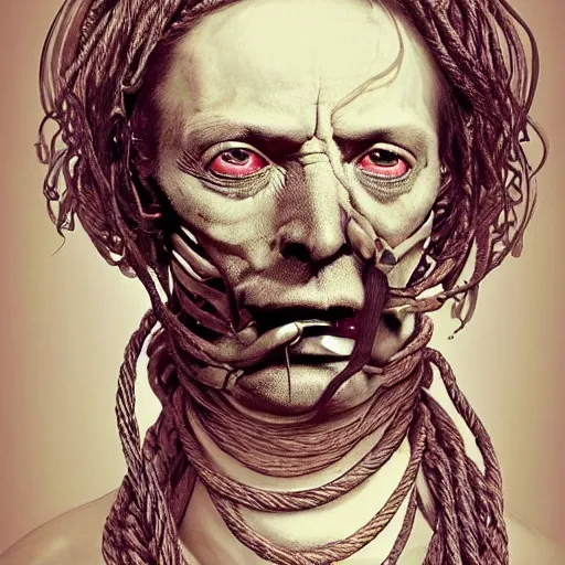 Prompt: portrait of a Shibari rope wrapped around the face and neck of an old cyborg merchant, mouth wired shut, headshot, insanely nice professional hair style, dramatic hair color, digital painting, of a old 17th century, amber jewels, baroque, ornate clothing, scifi, realistic, hyper detailed, chiaroscuro, concept art, art by Franz Hals and Jon Foster and Ayami Kojima and Amano and Karol Bak,
