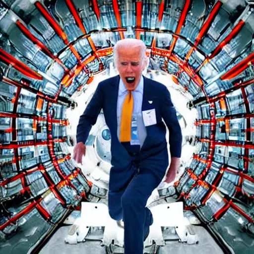 Prompt: The monster Joe BIDEN crawling out of The Large Hadron Collider at cern with a bunch of demons behind him