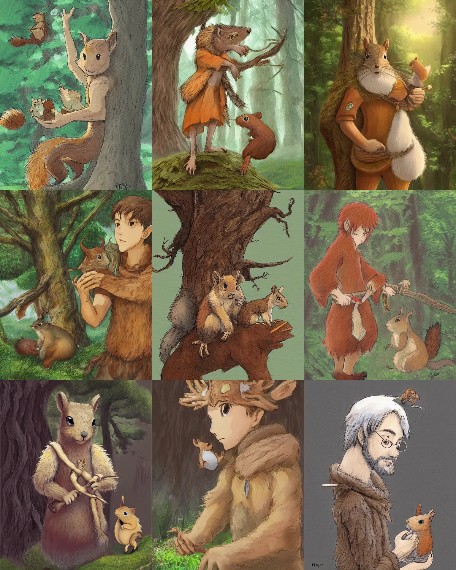 Prompt: An ultradetailed concept art of a gentle druid made of wood with squirrel who play on his shoulder, High resolution concept art, by Hayao Miyazaki