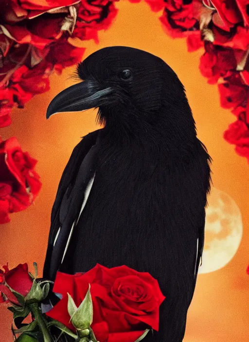 Prompt: red and golden color details, empty space at the top of the image, portrait, A crow with red eyes in front of the full big moon, book cover, red roses, red white black colors, establishing shot, extremly high detail, foto realistic, cinematic lighting, by Yoshitaka Amano, Ruan Jia, Kentaro Miura, Artgerm, post processed, concept art, artstation, raphael lacoste, alex ross, portrait, A crow with red eyes in front of the full big moon, book cover, red roses, red white black colors, establishing shot, extremly high detail, photo-realistic, cinematic lighting, by Yoshitaka Amano, Ruan Jia, Kentaro Miura, Artgerm, post processed, concept art, artstation, raphael lacoste, alex ross