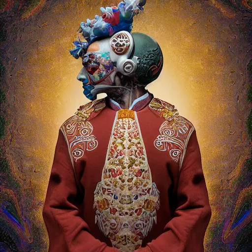 Prompt: Colour Caravaggio and mandelbulb 3d fractal style full body portrait Photography of Highly detailed Man wearing detailed Ukrainian folk costume designed by Taras Shevchenko with 1000 years perfect face wearing highly detailed retrofuturistic VR headset designed by Josan Gonzalez. Many details In style of Josan Gonzalez and Mike Winkelmann and andgreg rutkowski and alphonse muchaand and Caspar David Friedrich and Stephen Hickman and James Gurney and Hiromasa Ogura. Rendered in Blender and Octane Render volumetric natural light