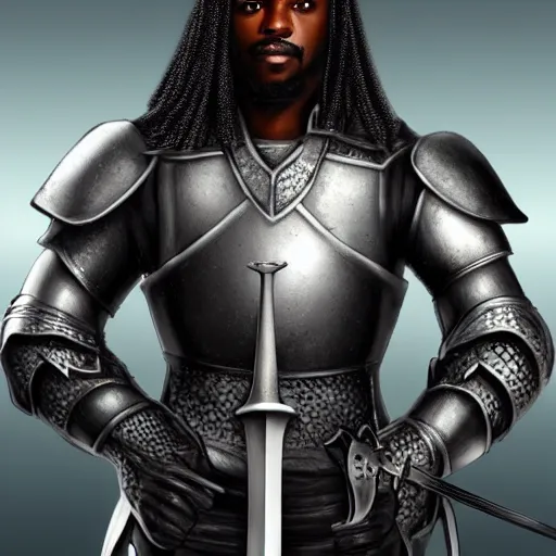 Image similar to black man knight with sword symmetrical realistic fantasy on white bear