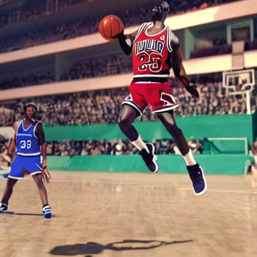 Prompt: small goblin dunking on Michael Jordan in basketball 3d render