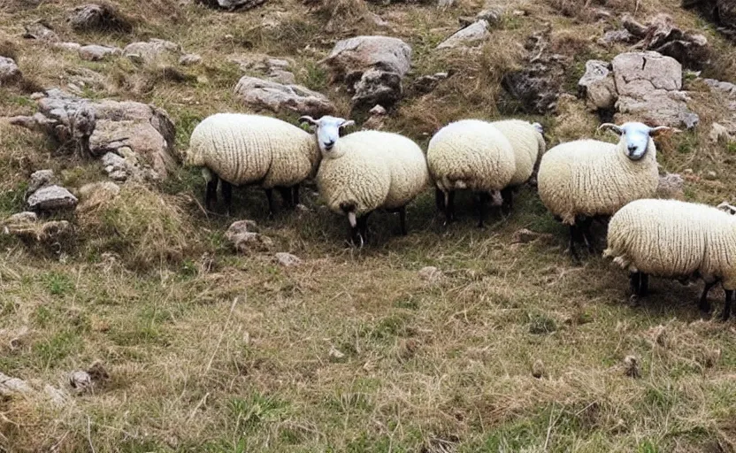 Image similar to “sheep, following other sheep, jumping off a cliff”