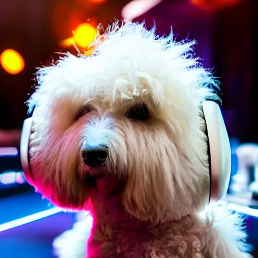 Prompt: a white cockapoo muppet wearing headphones in a nightclub