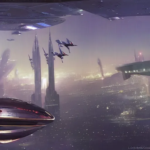 Image similar to gorgeous sci fi imagery | landing spot | space and city flying craft | futuristic | beautiful couple in the foreground heading to their hovering transport | futurism | modern couple | futuristic cityscape in the background | low angle | golden ratio | by john berkey, greg rutkowski, james gurney