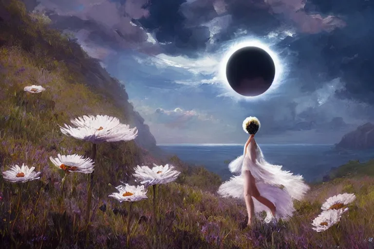 Image similar to giant white daisy flower on head, girl dancing on cliff, surreal photography, solar eclipse, dramatic light, impressionist painting, clouds, digital painting, artstation, james gilleard, liam wong, jeremy mann, simon stalenhag