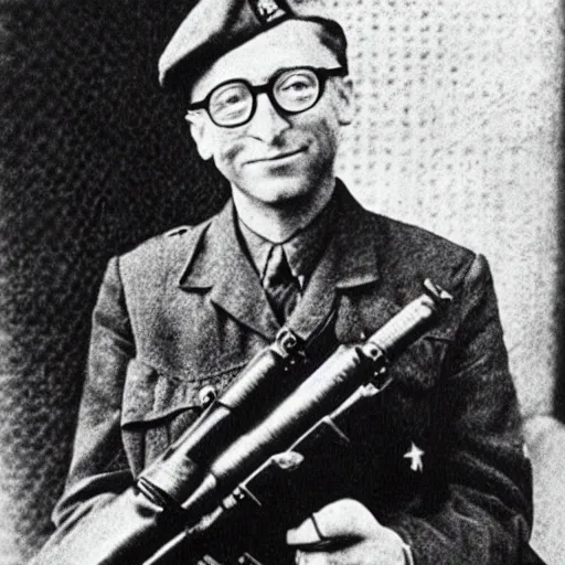 Image similar to old wartime photograph of bill gates holding a lewis gun, 1 9 1 7